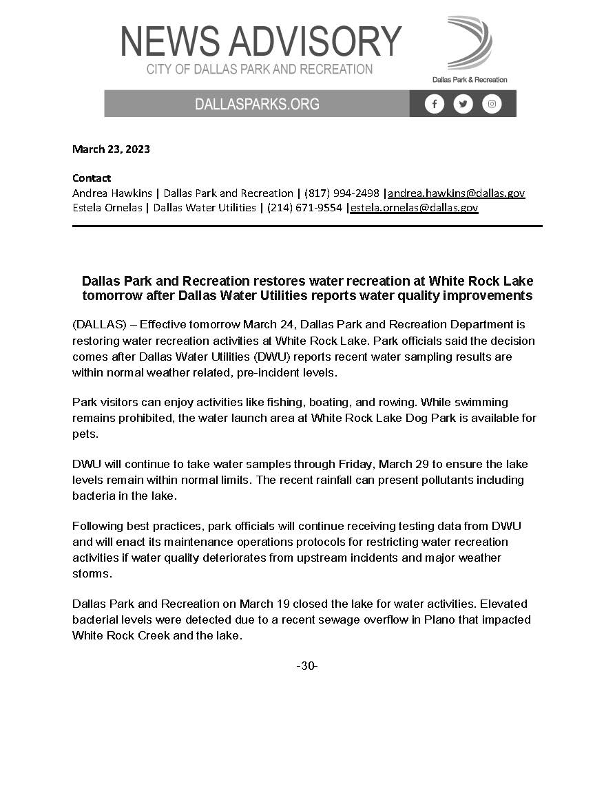 White Rock Lake press release